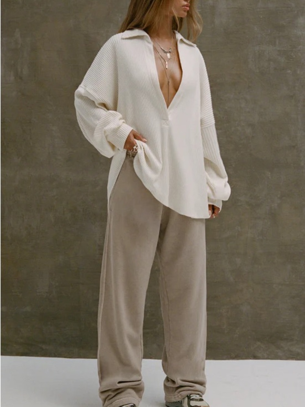 Women’s Cream Ribbed Deep V Collared Pullover Top - Picture 4 of 8